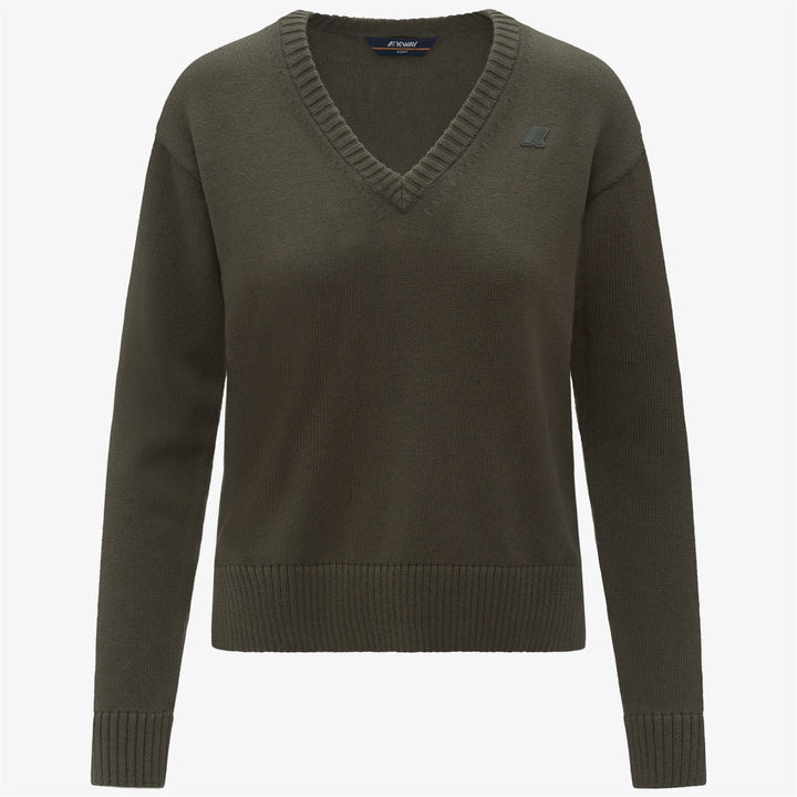 Maglione da donna in cashmere e cotone con scollo a V, verde nerastro 1