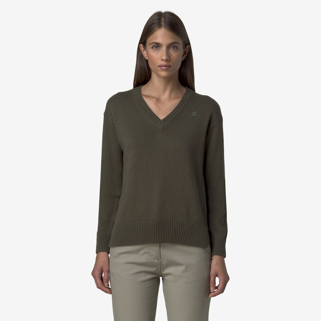 Maglione da donna in cashmere e cotone con scollo a V, verde nerastro main