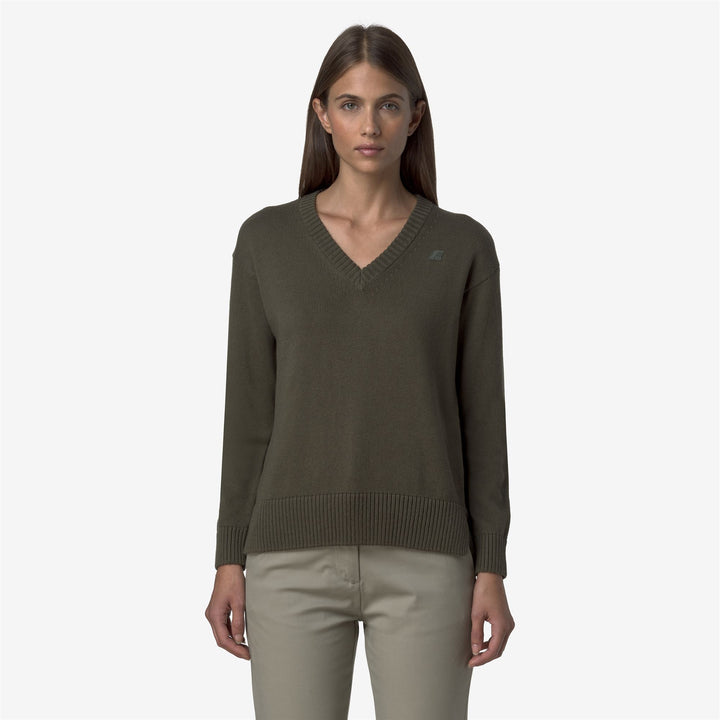 Maglione da donna in cashmere e cotone con scollo a V, verde nerastro 3