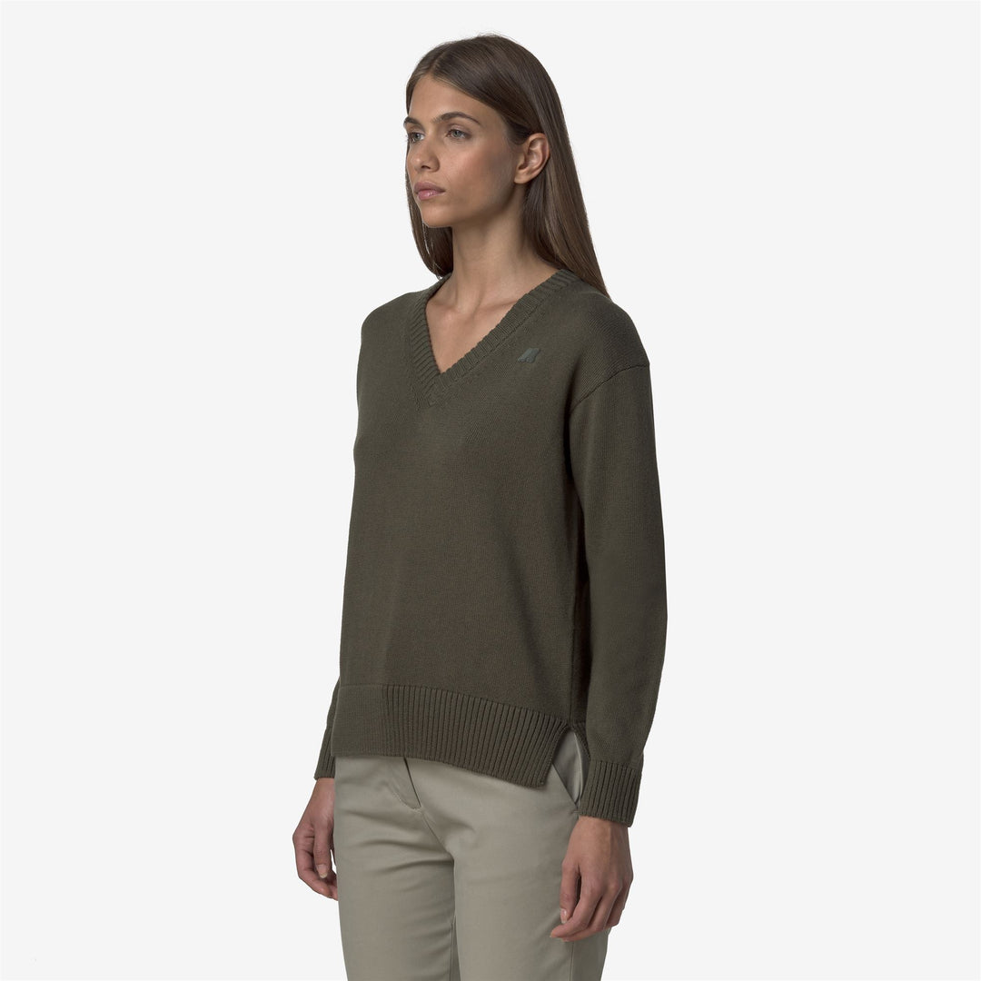 Maglione da donna in cashmere e cotone con scollo a V, verde nerastro main
