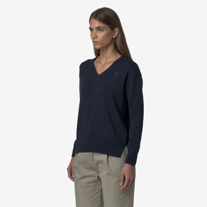 Suéter azul de cachemira y algodón para mujer con cuello en V y aberturas laterales 4