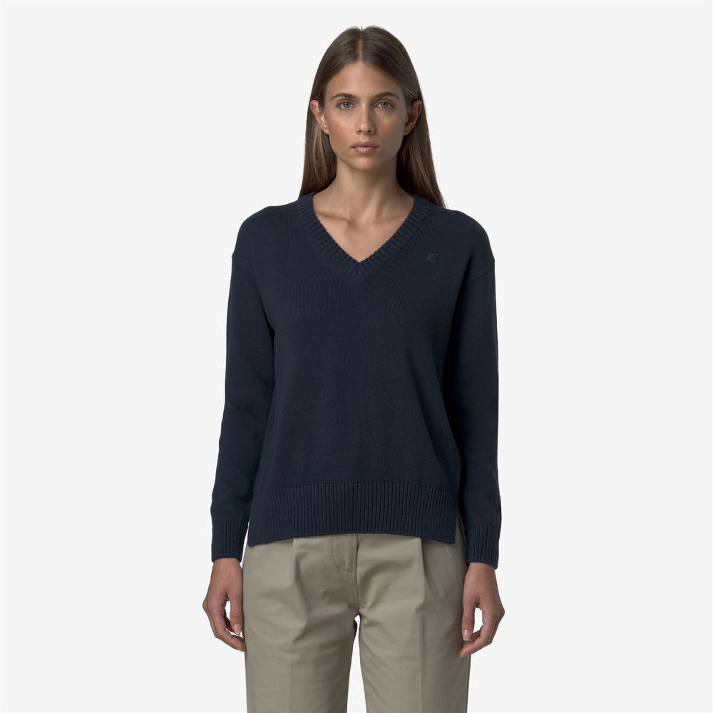 Blue Women's Cotton Cashmere V-Neck Sweater with Side Vents 02