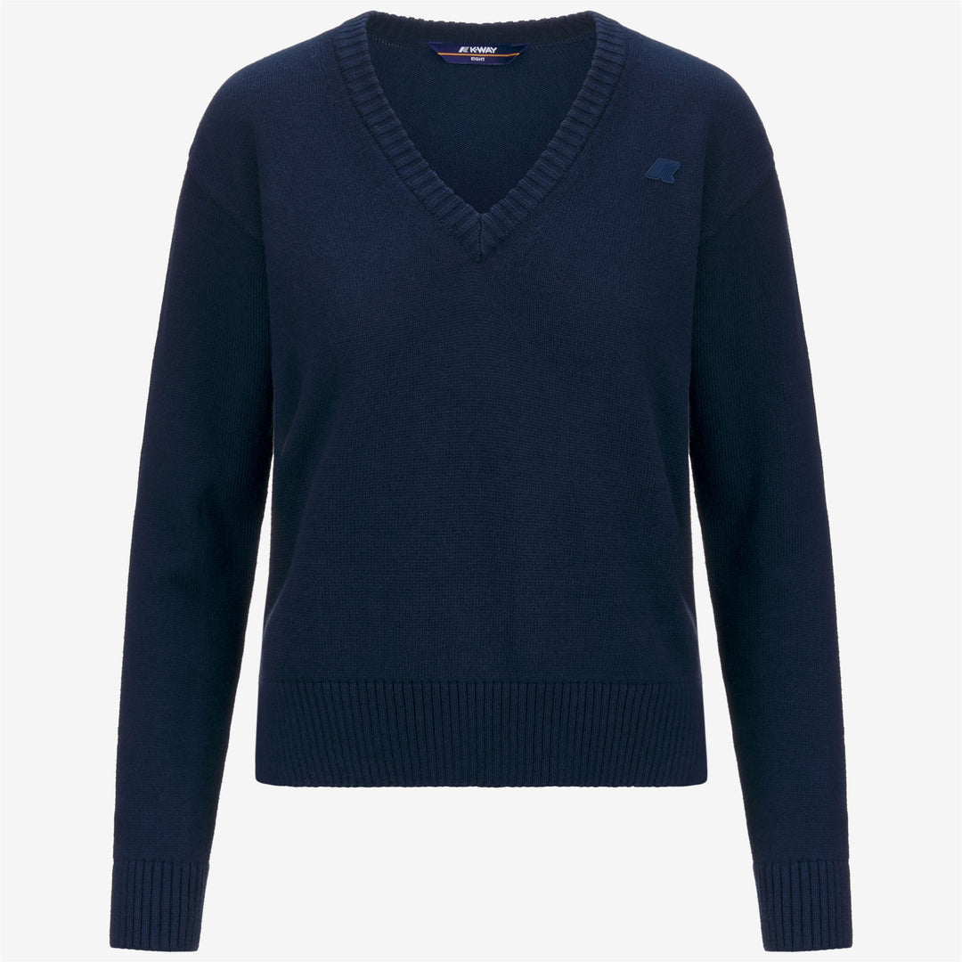 Maglione da donna in cotone e cashmere blu con scollo a V e spacchi laterali 01