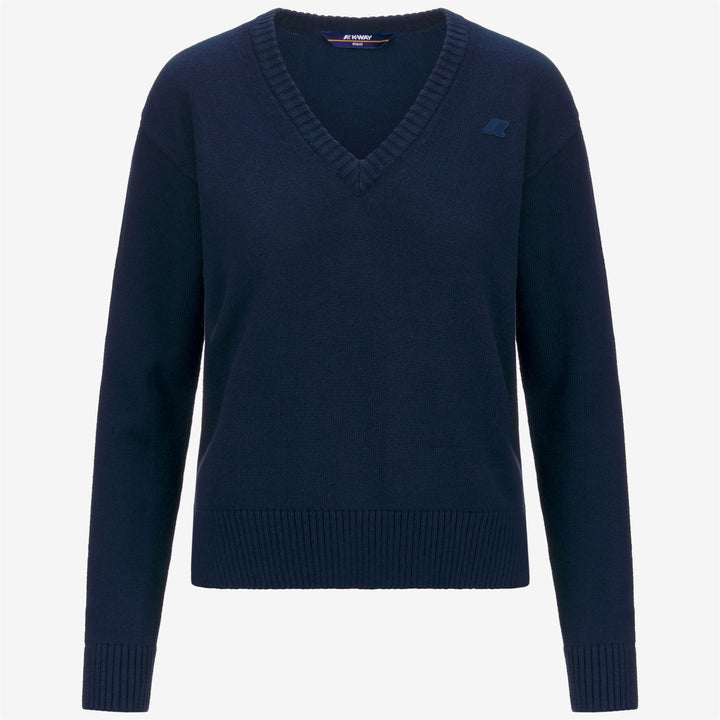 Suéter azul de cachemira y algodón para mujer con cuello en V y aberturas laterales 1