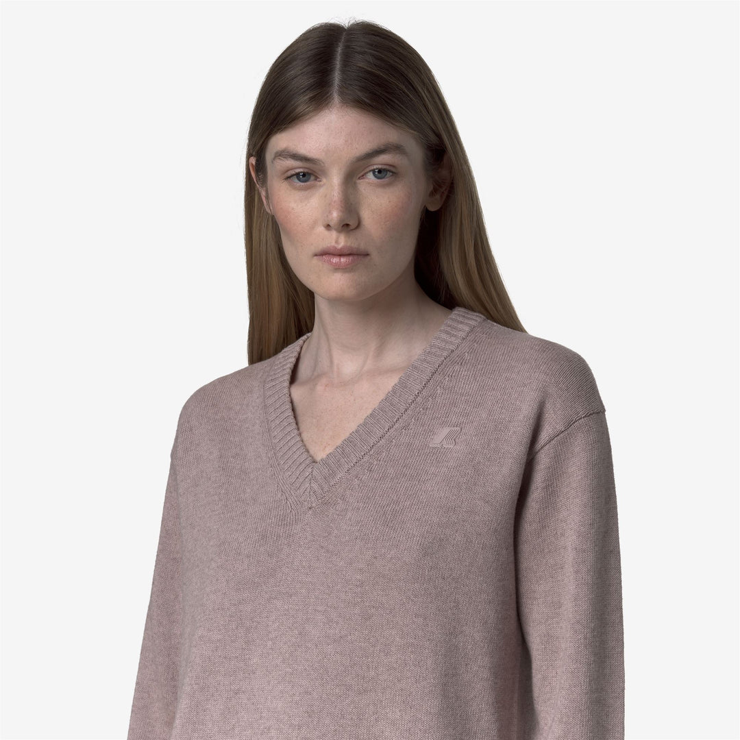 Maglione da donna in cotone e cashmere con scollo a V, colore marrone e rosa main