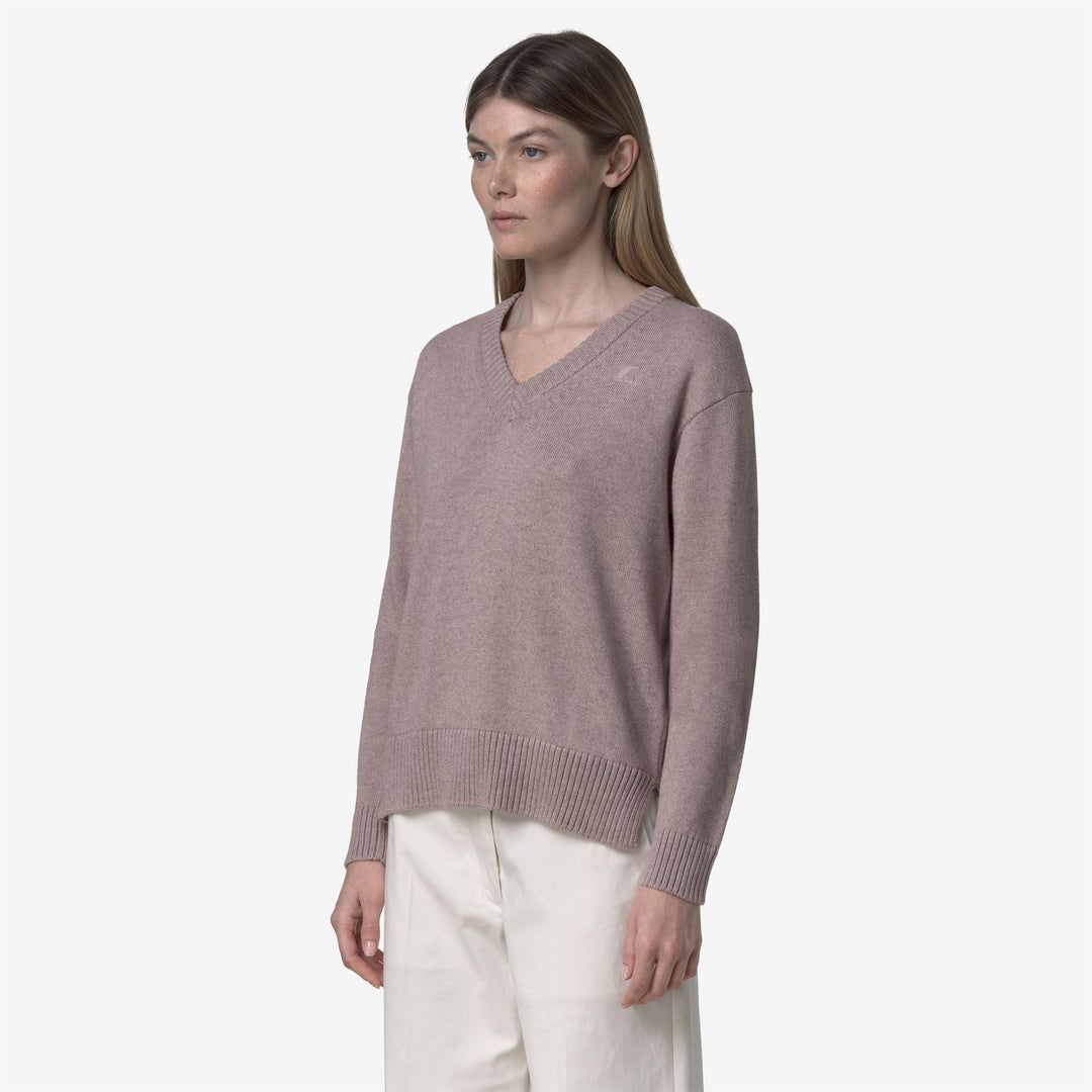 Maglione da donna in cotone e cashmere con scollo a V, colore marrone e rosa main