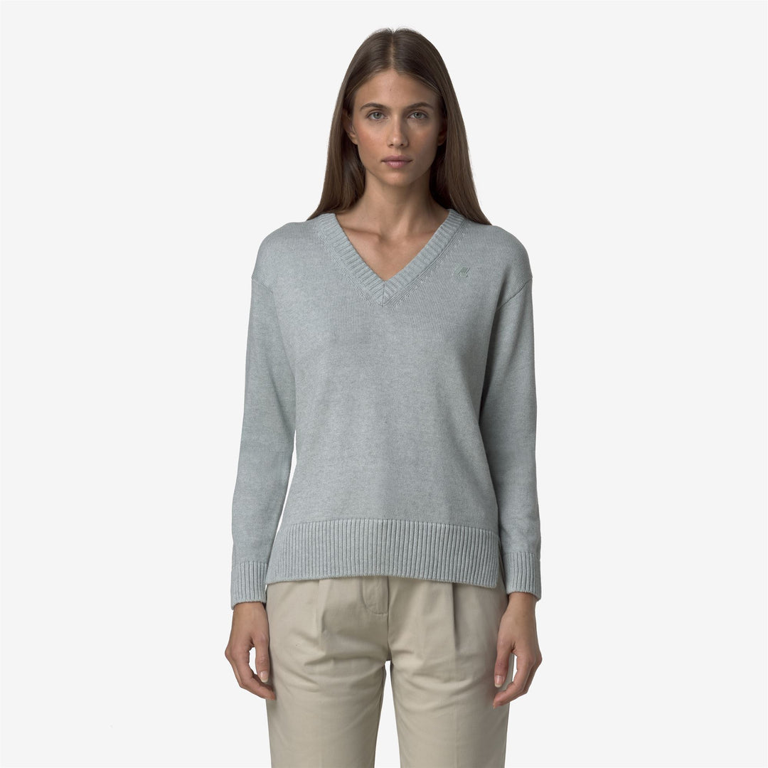 Maglione grigio da donna in cotone e cashmere con scollo a V main