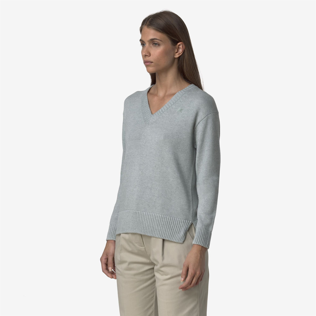 Maglione grigio da donna in cotone e cashmere con scollo a V main