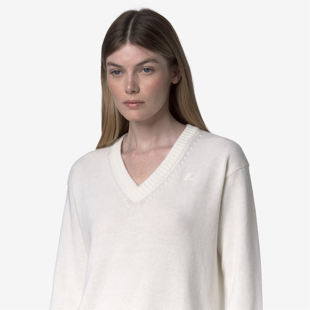 Maglione bianco da donna in cotone e cashmere con scollo a V main