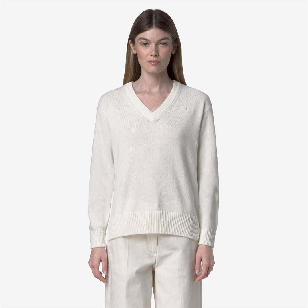 Maglione bianco da donna in cotone e cashmere con scollo a V main