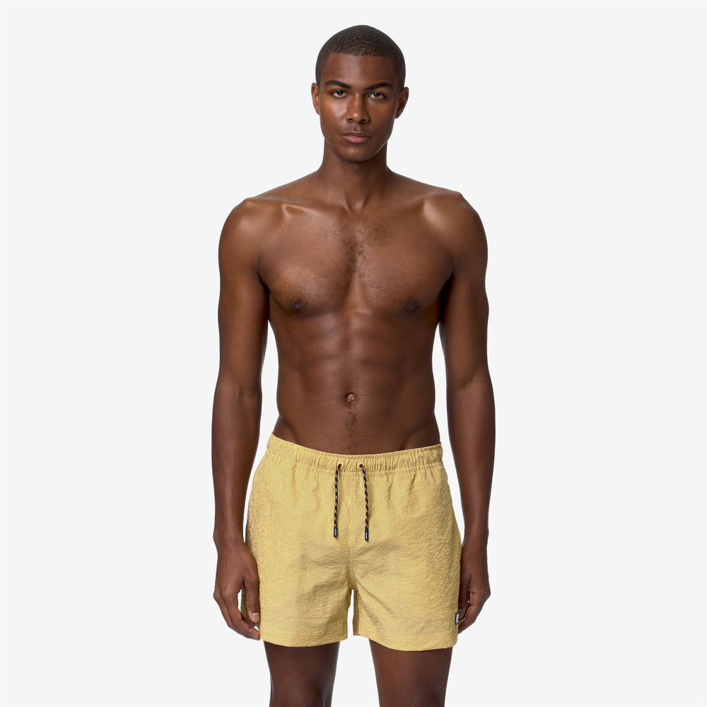 Yellow Men's Quick-Dry Swimming Trunks with Striped Design 02