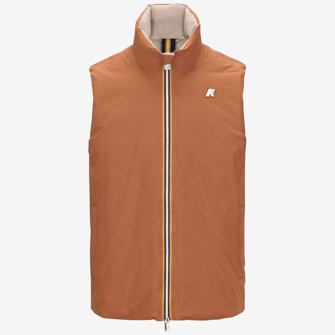 Chaqueta corta acolchada reversible de plumón en color beige anaranjado para hombre 01