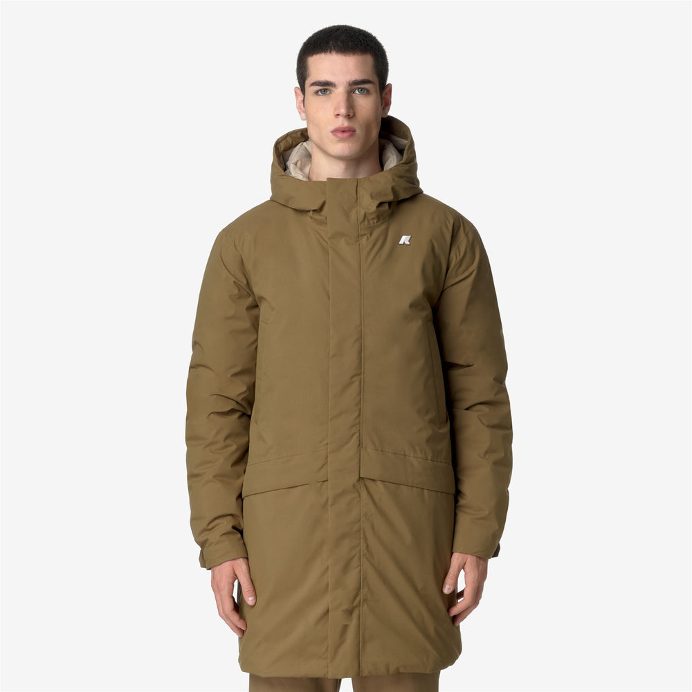 Brown Green Men's 3/4 Length Cold Weather Jacket with Down Padding 02