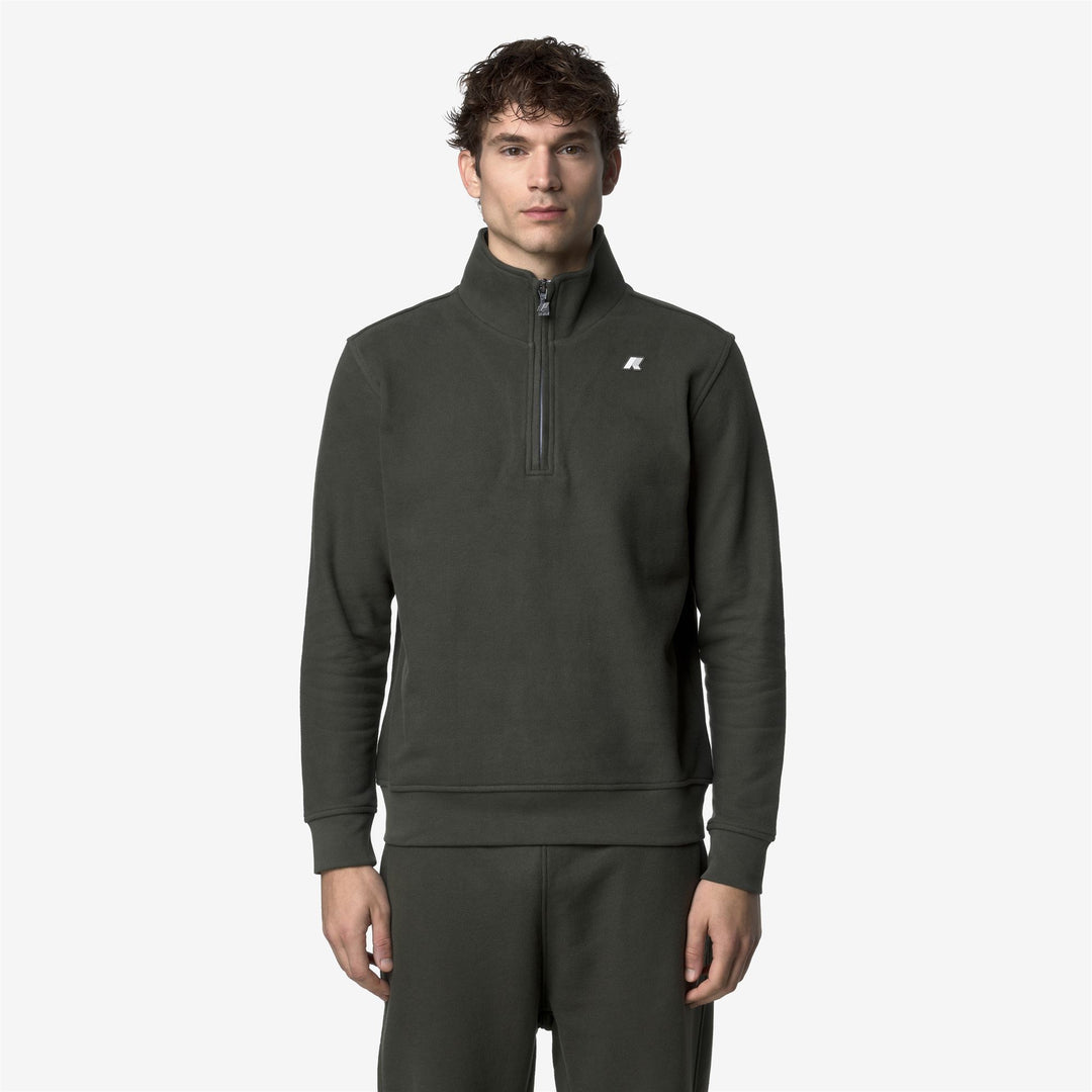 Dark green Men's Fleece Pullover with High Collar and Zip 01