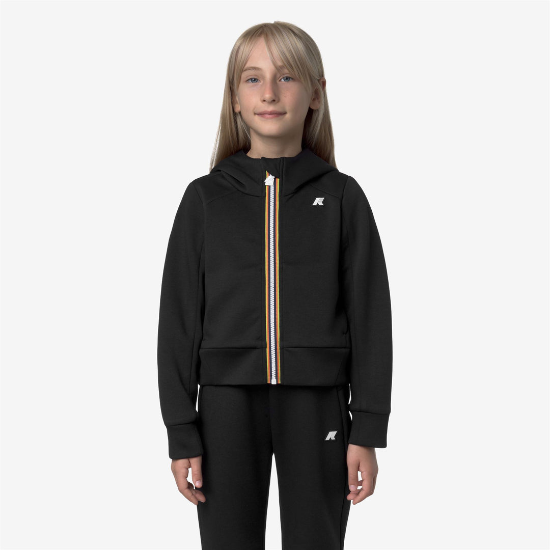 Felpa sportiva con cappuccio e zip intera da bambina nera con tasche main