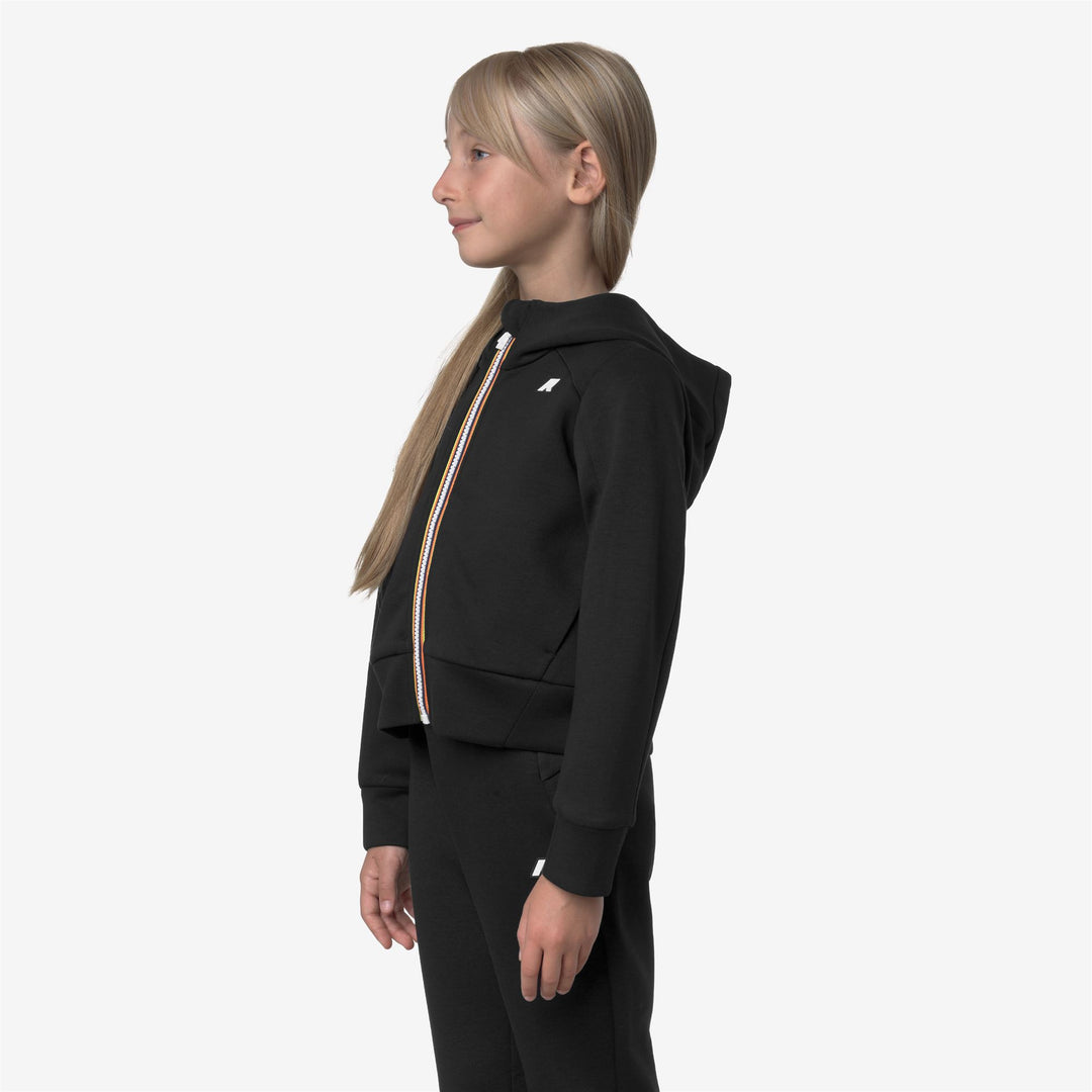 Felpa sportiva con cappuccio e zip intera da bambina nera con tasche main