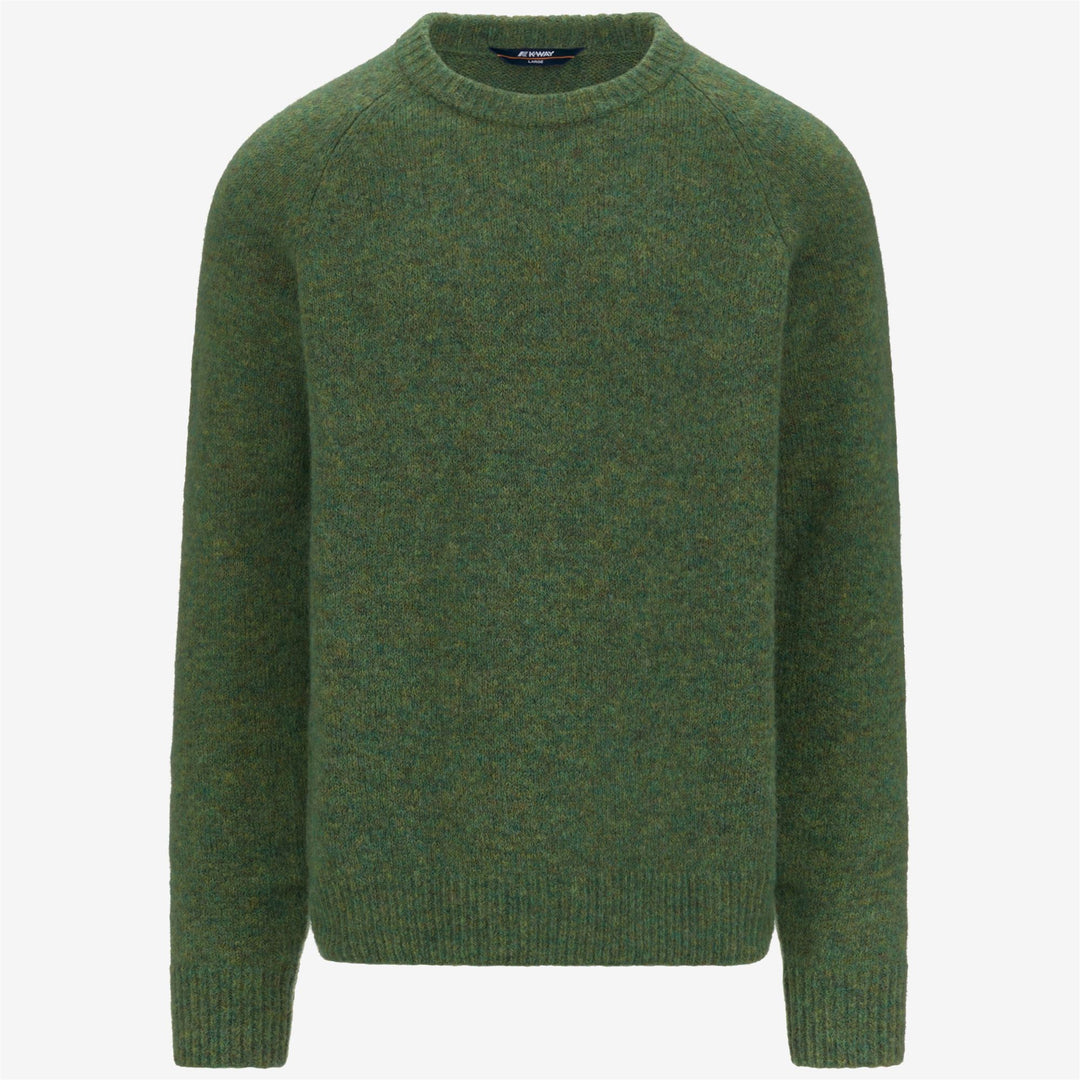 Green men's knit crewneck pullover sweater with merino wool main