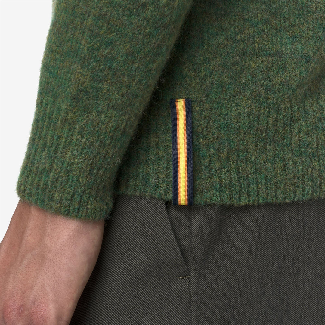 Green men's knit crewneck pullover sweater with merino wool main
