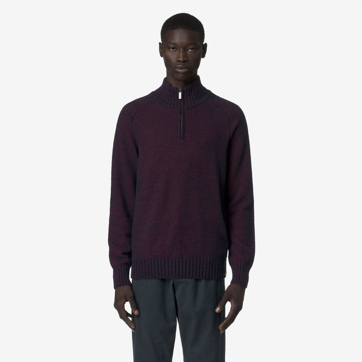 Maglione da uomo in lana merino blu con mezza zip e bordi a coste 3