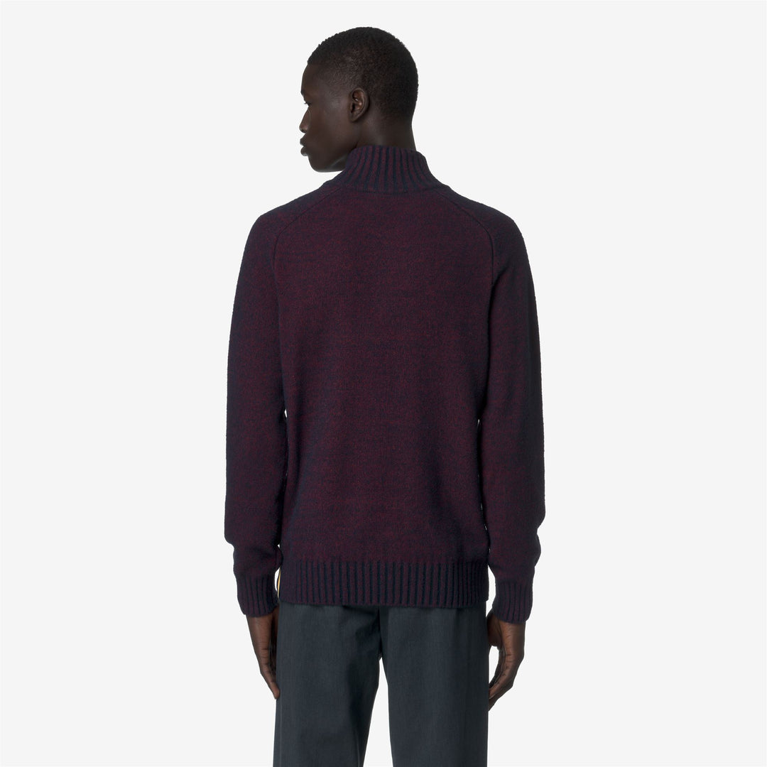 Maglione da uomo in lana merino blu con mezza zip e bordi a coste main