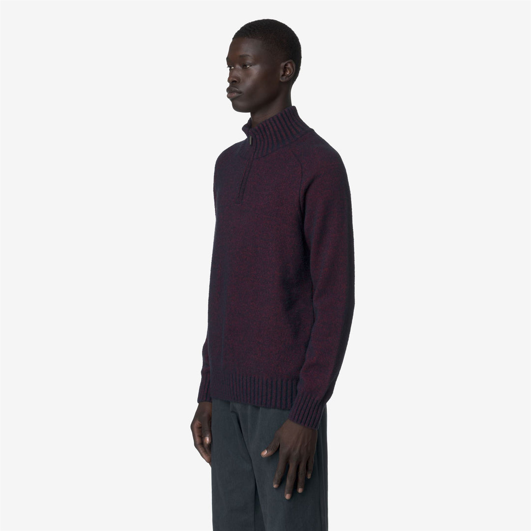 Maglione da uomo in lana merino blu con mezza zip e bordi a coste main