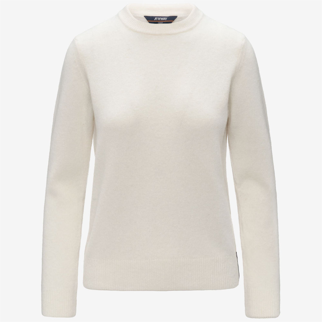 Suéter blanco de lana con cuello redondo y diseño de punto trenzado para mujer 01