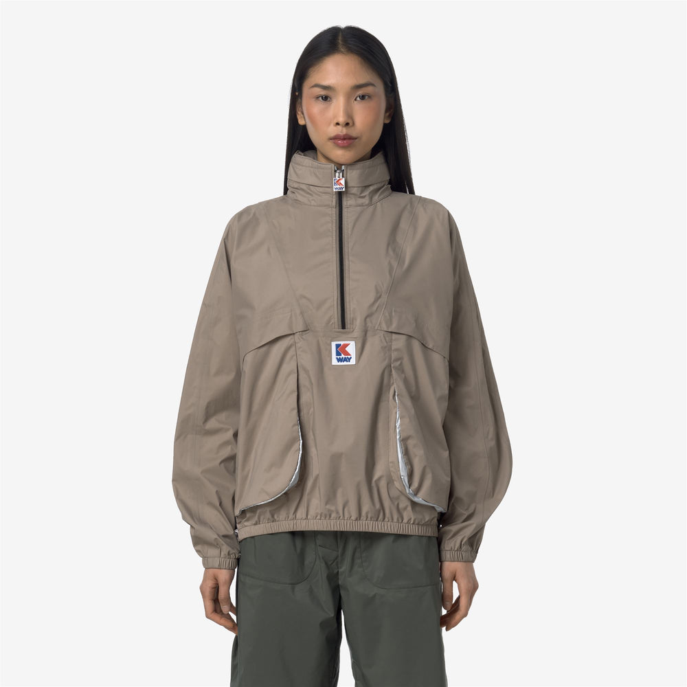 Beige unisex short sports jacket with concealed hood 02