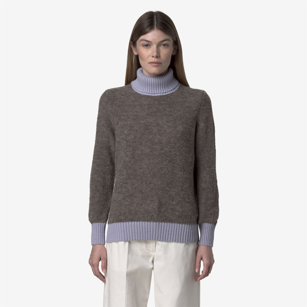 Brown women's high-collar knit sweater with mohair details 02