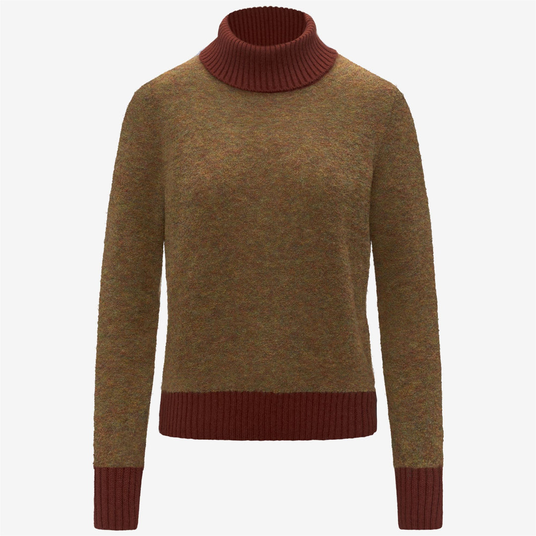 Maglione lavorato a maglia da donna marrone con collo alto e finiture a contrasto 01