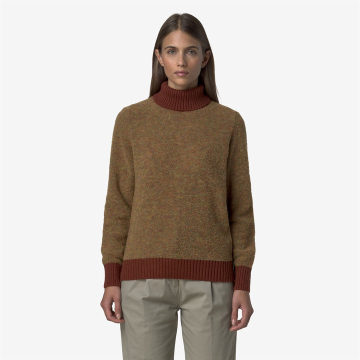 Suéter de punto marrón de cuello alto para mujer con ribetes en contraste 3