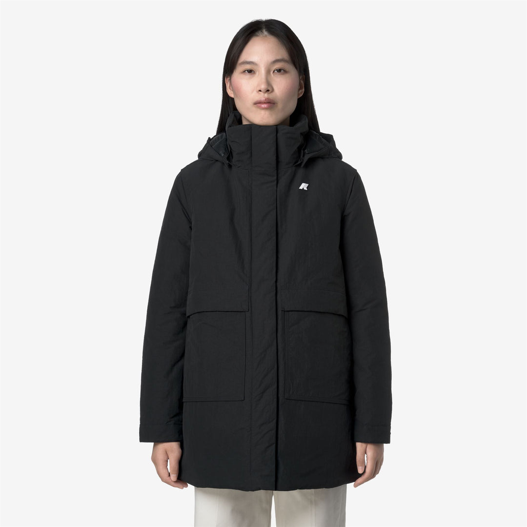 Giacca isolante nera da donna a trapezio, lunghezza 3/4 main