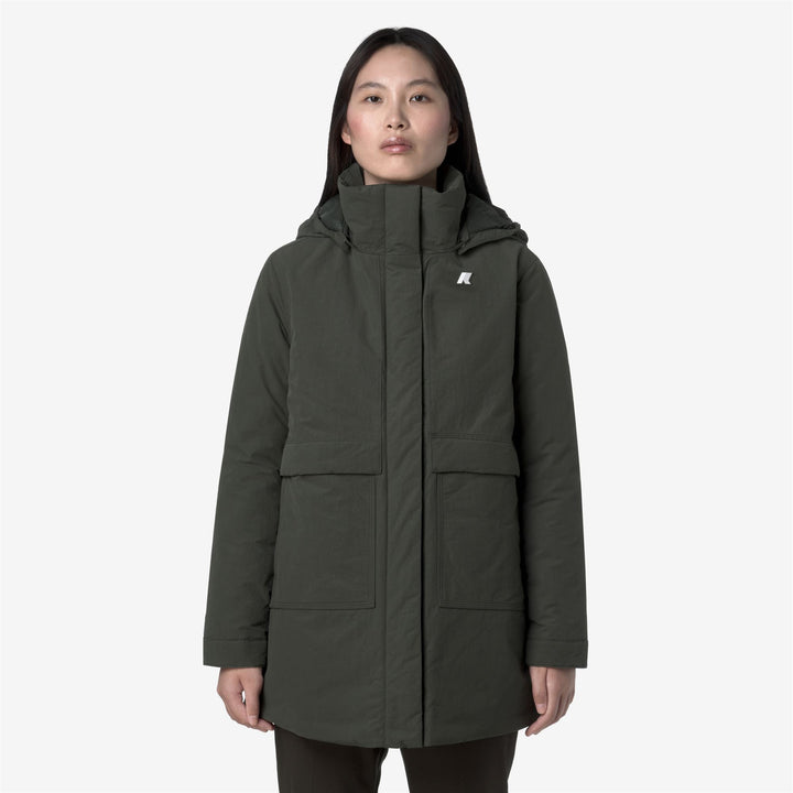 Green women's 3/4 Length A-Line Jacket with Hood and Pockets 4