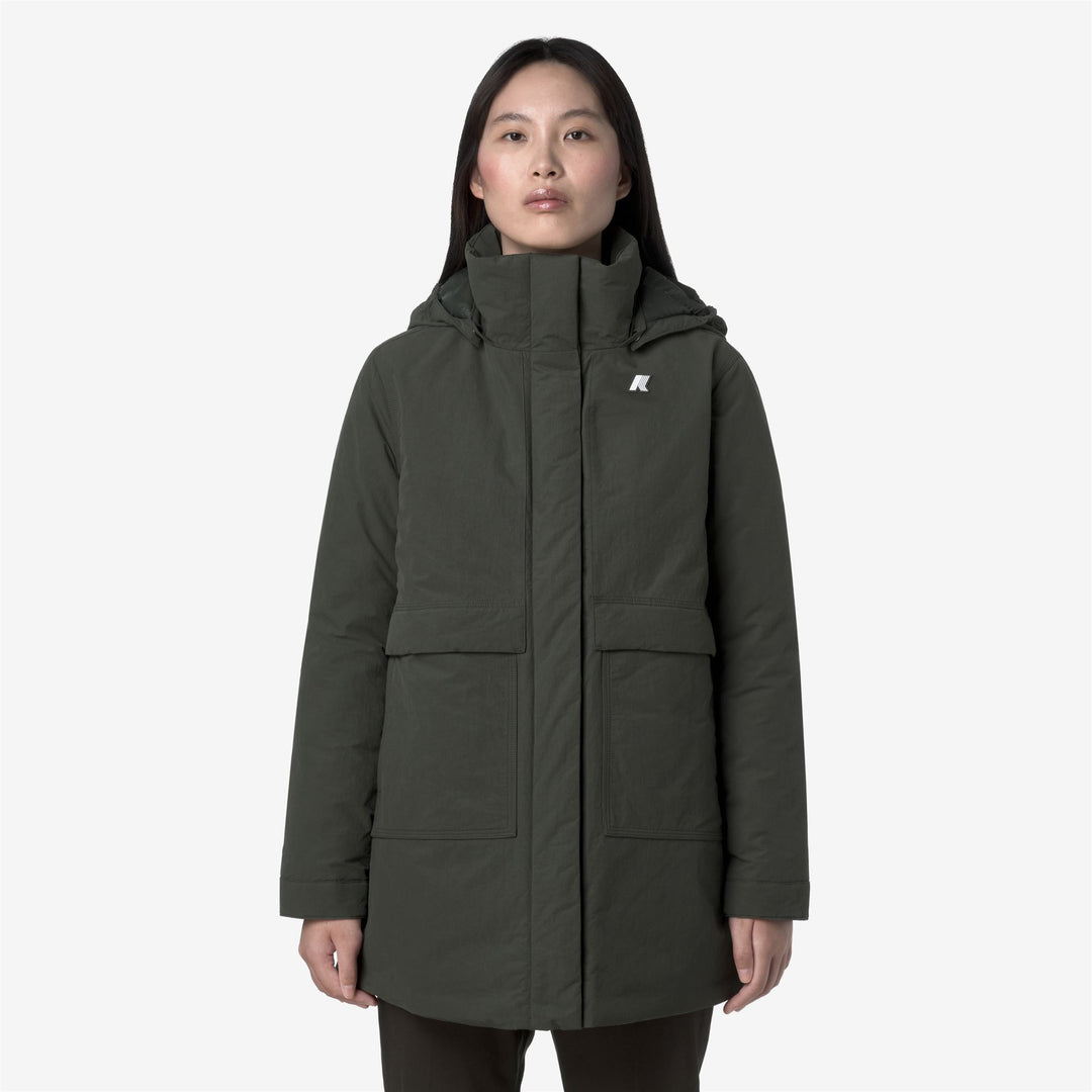 Green women's 3/4 Length A-Line Jacket with Hood and Pockets 01