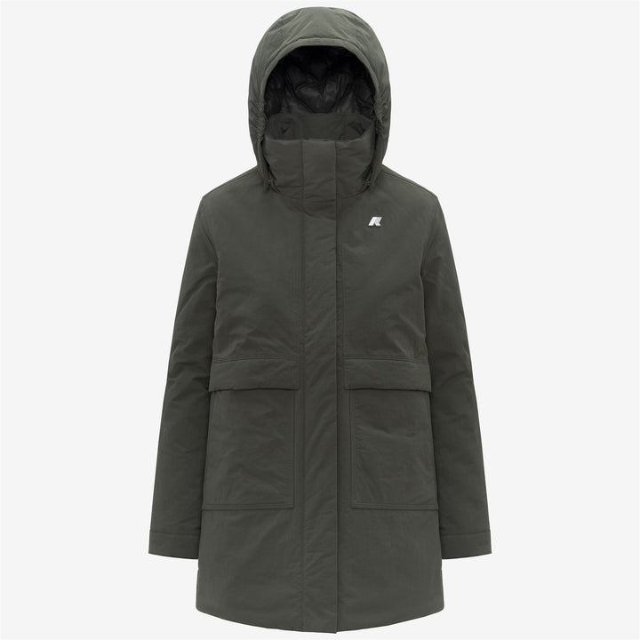 Green women's 3/4 Length A-Line Jacket with Hood and Pockets 1