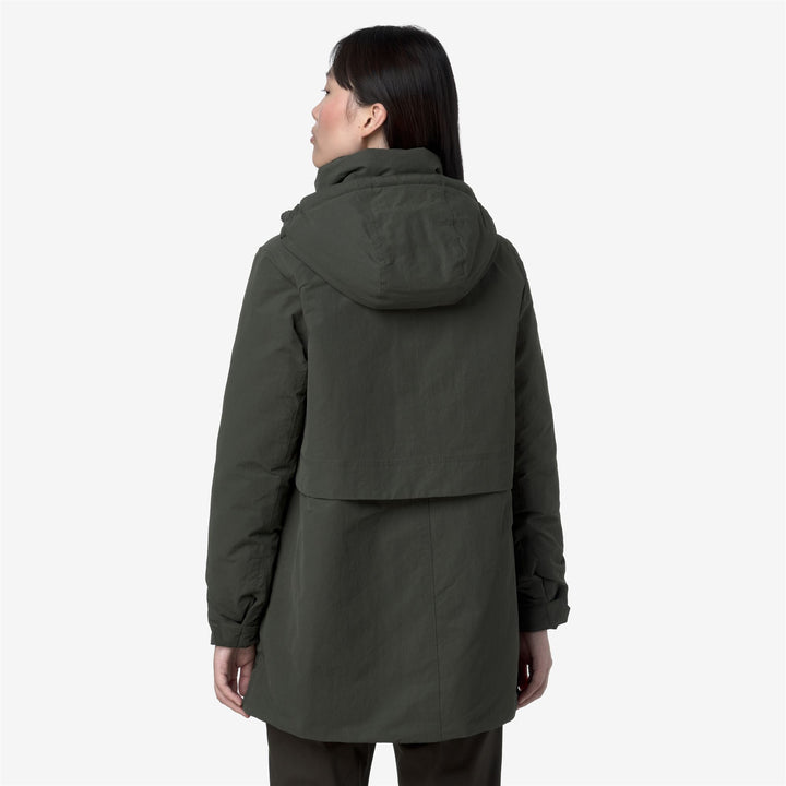 Green women's 3/4 Length A-Line Jacket with Hood and Pockets 6