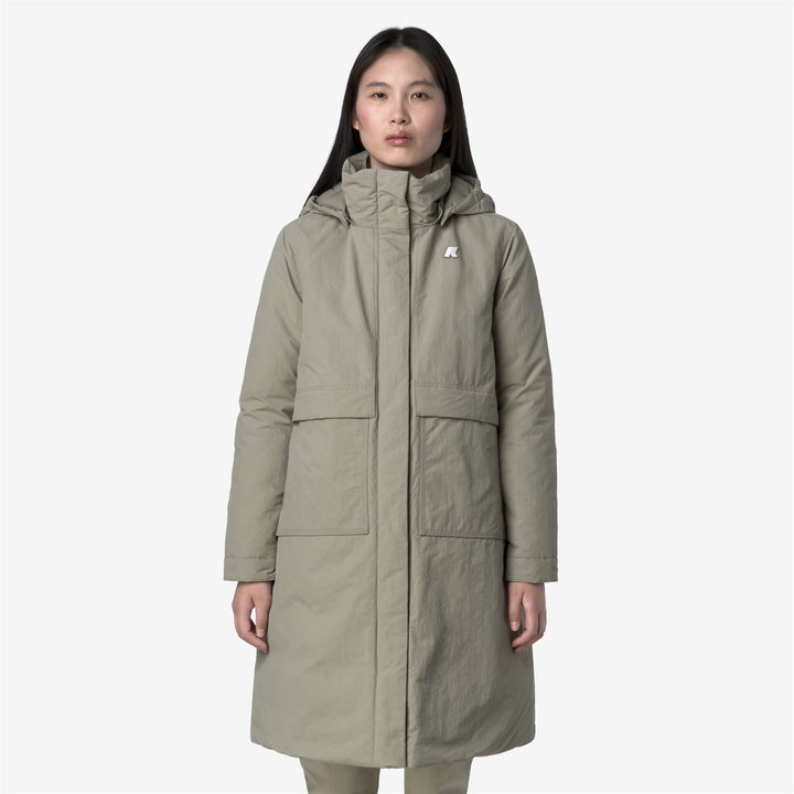 Chaqueta larga verde de corte A para mujer con capucha y aislamiento PrimaLoft 10