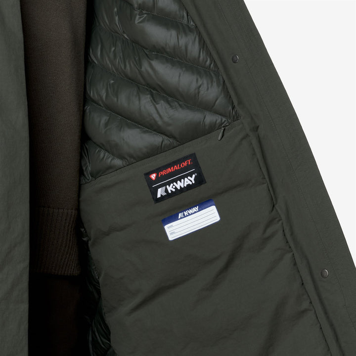 Giacca lunga da donna verde nera a trapezio con isolamento PrimaLoft 3