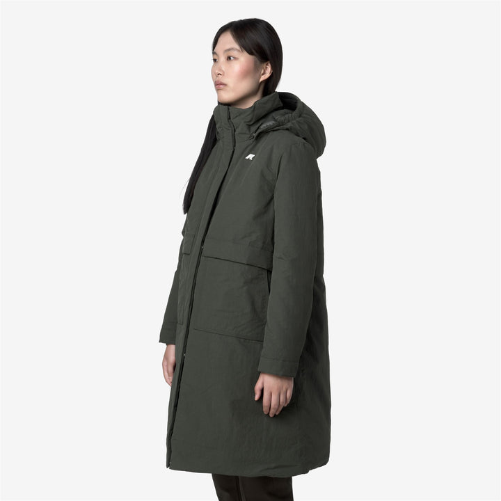 Giacca lunga da donna verde nera a trapezio con isolamento PrimaLoft 5