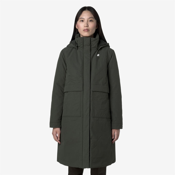 Giacca lunga da donna verde nera a trapezio con isolamento PrimaLoft 4