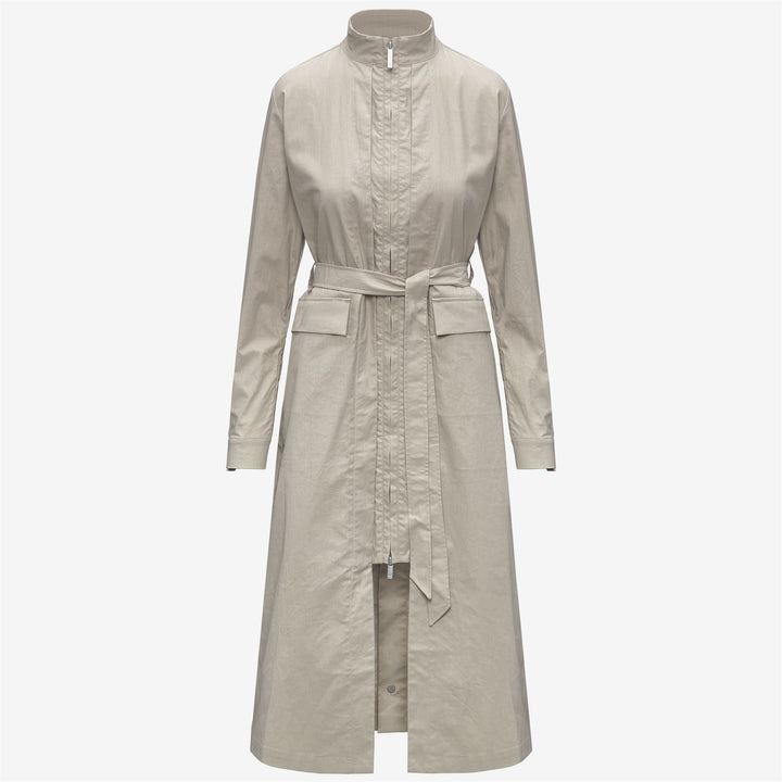 Chaqueta larga de transición beige para mujer con bolsillos 1