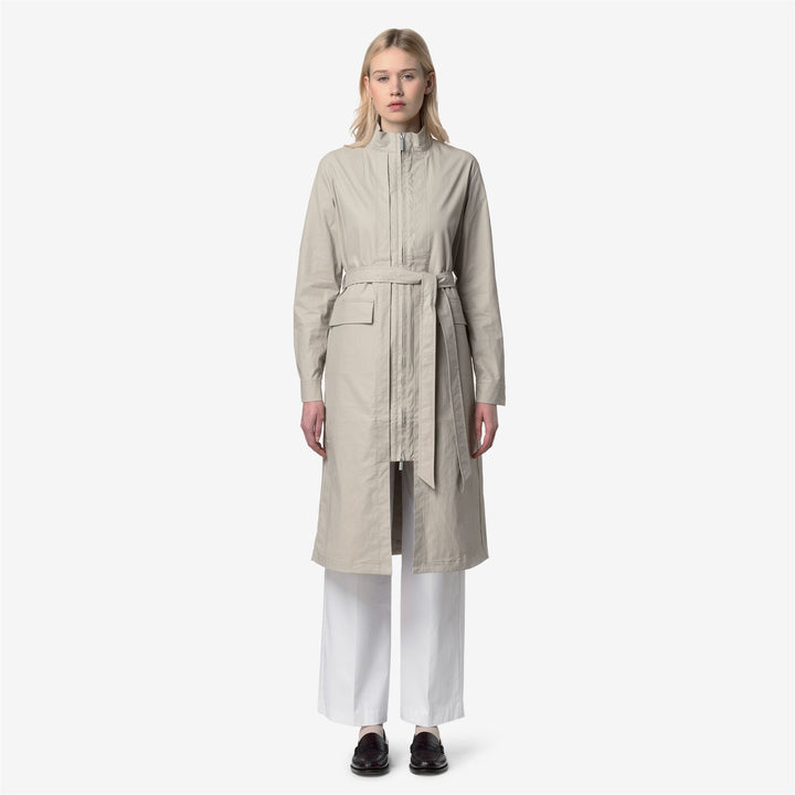 Chaqueta larga de transición beige para mujer con bolsillos 5