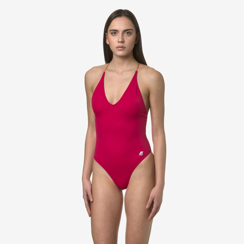 Bañador rojo rubí para mujer con tirantes trenzados 02