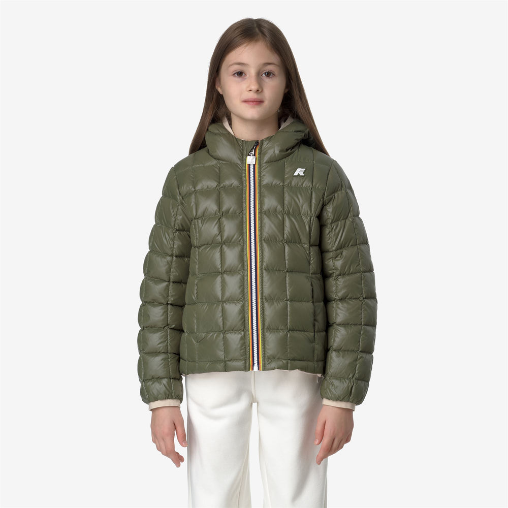 Pink Green Girls Reversible Winter Jacket with Down Insulation 02