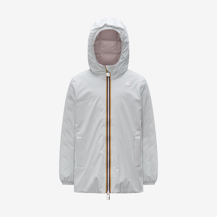 Giacca invernale reversibile bianca da bambina con isolamento in piuma 1