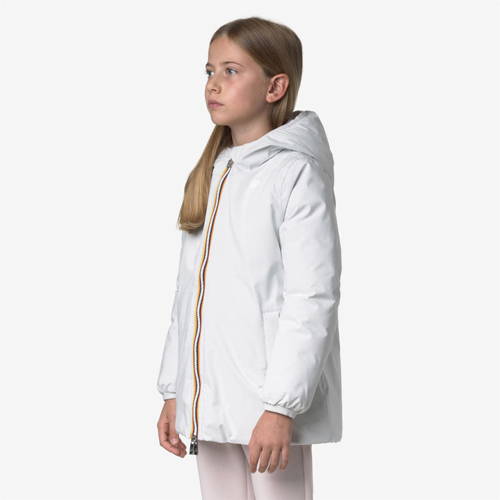 Giacca invernale reversibile bianca da bambina con isolamento in piuma 5