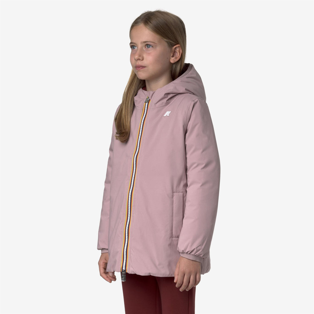 Giacca reversibile di media lunghezza per bambine, colore marrone e rosa, con isolamento in piuma main