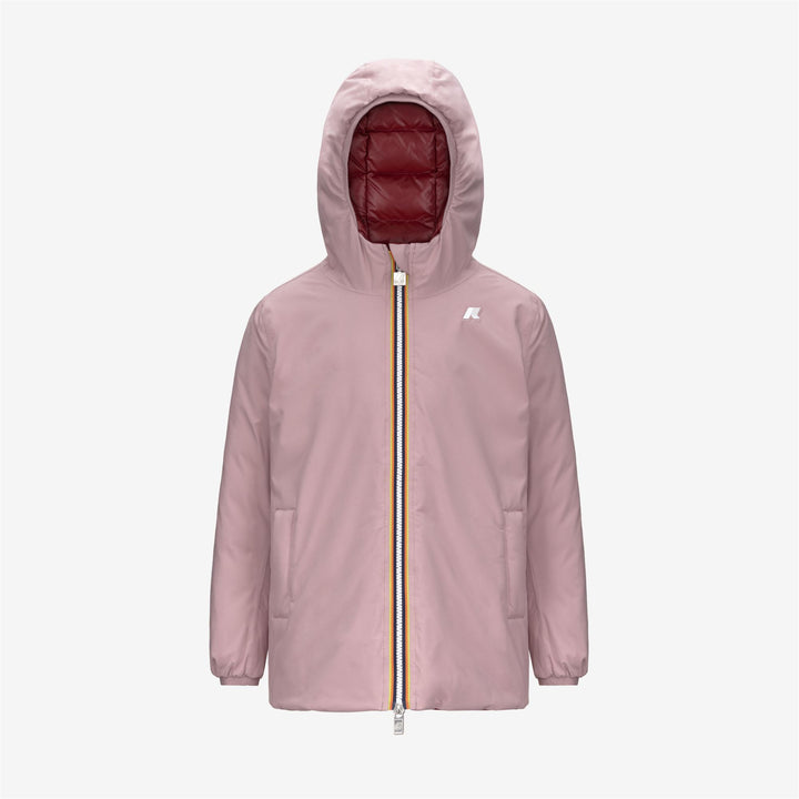 Giacca reversibile di media lunghezza per bambine, colore marrone e rosa, con isolamento in piuma 1