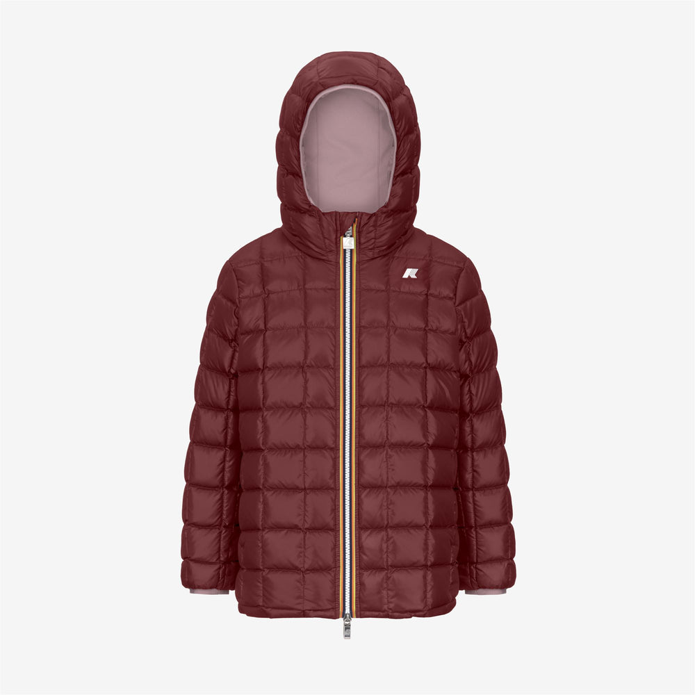 Giacca reversibile di media lunghezza per bambine, colore marrone e rosa, con isolamento in piuma 02