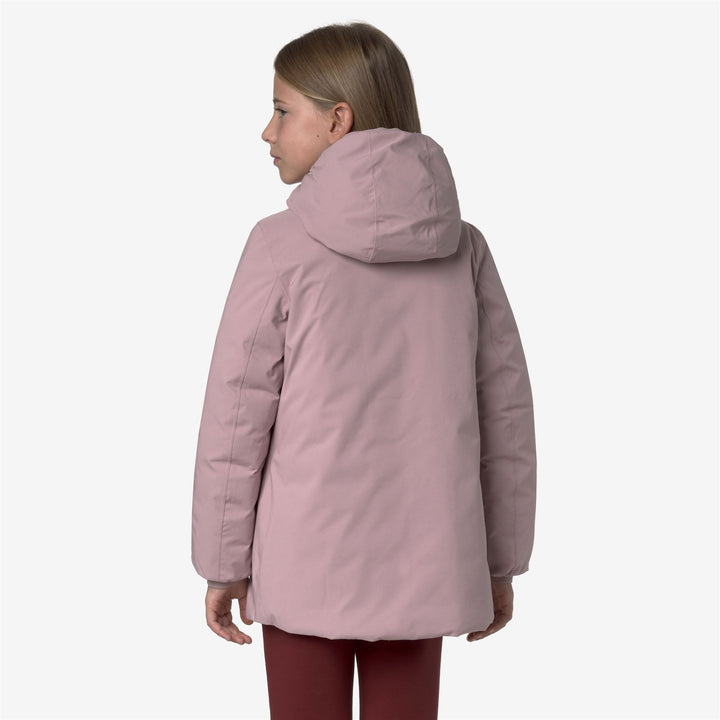 Giacca reversibile di media lunghezza per bambine, colore marrone e rosa, con isolamento in piuma 6