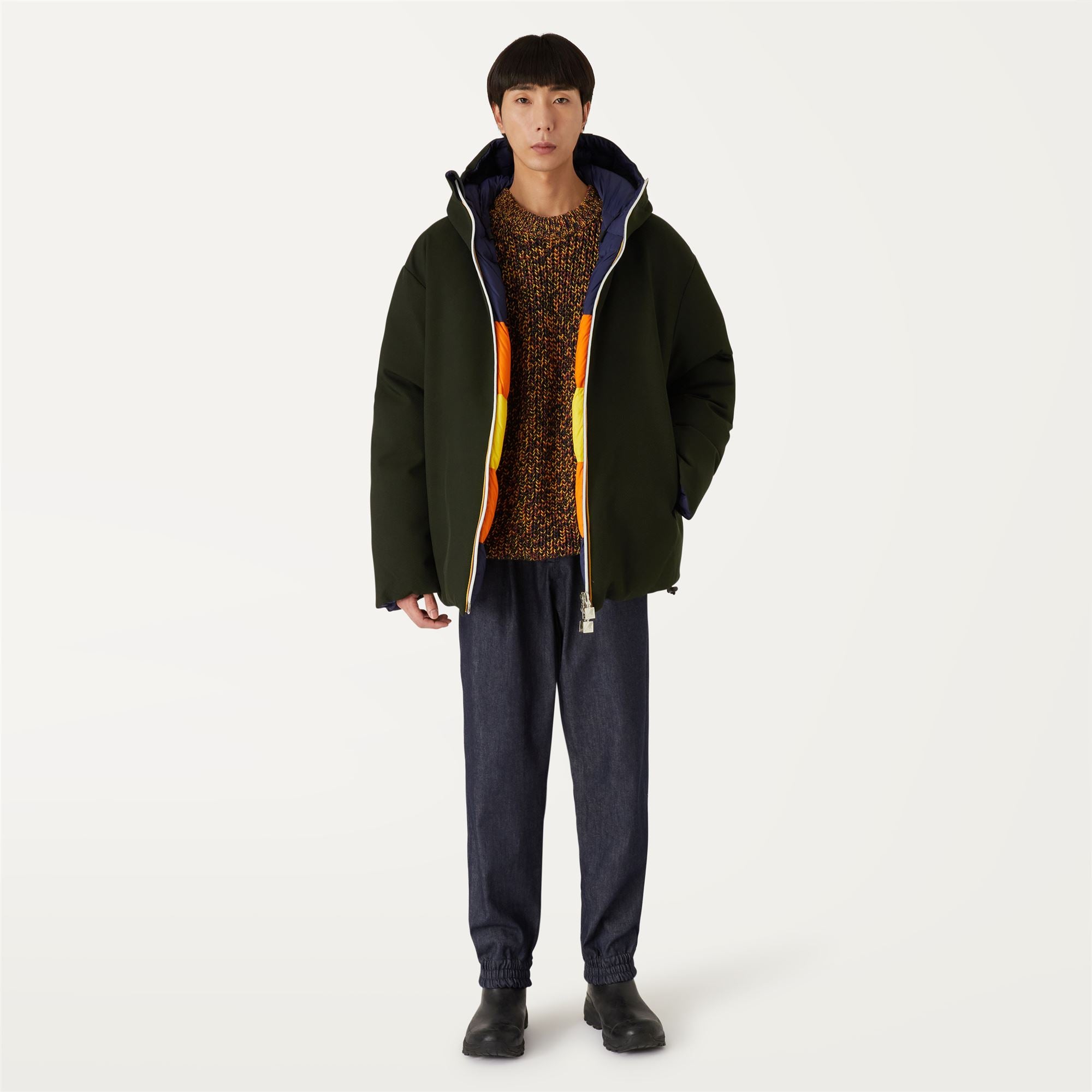 Jackets_Man_ELOI DOUBLE WOOL STRIPES_Short_GREEN DK FOREST - K-WAY STRIPES - Commercial 4